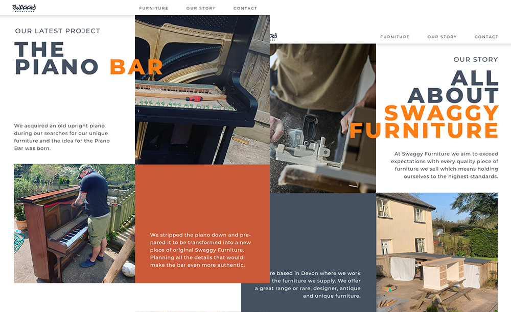Swaggy Furniture webpage samples, the piano bar and all about