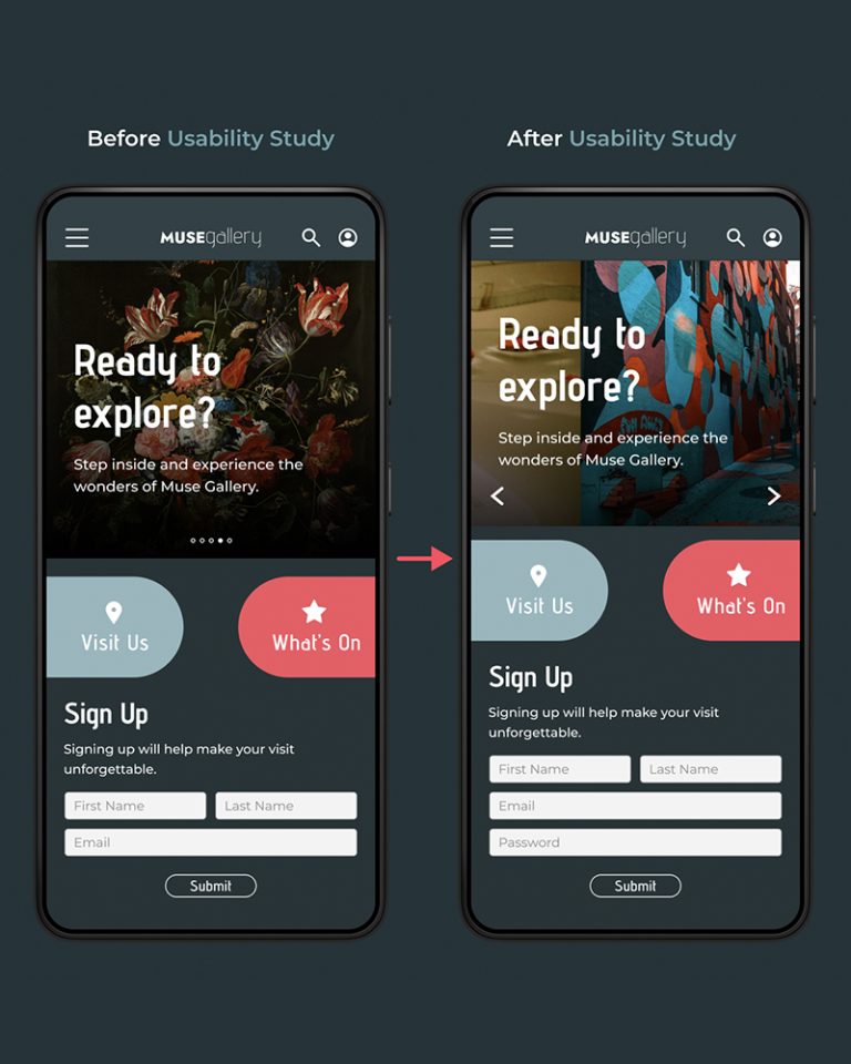 Muse Gallery Before and After Usability Study Mockup of Homepage